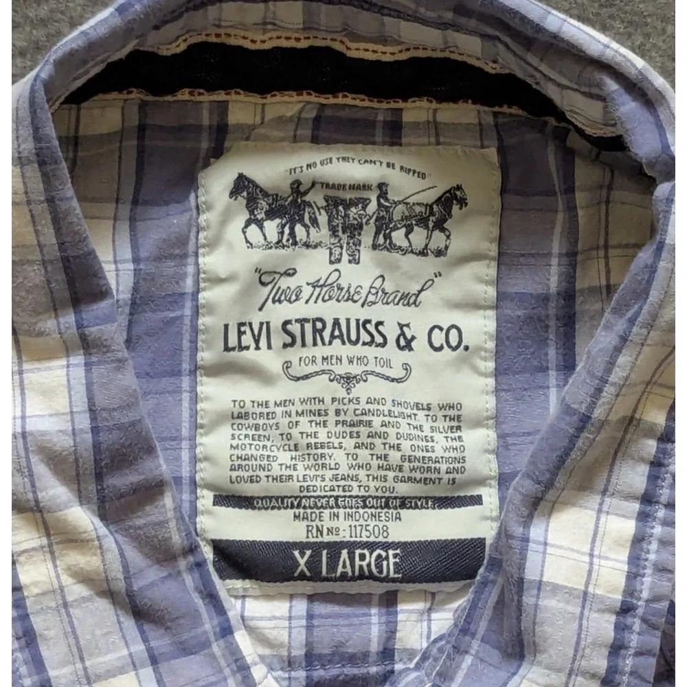 Levi's The Two Horse Brand Shirt Men's XL White Blue Plaid Tab Sleeve Pearl Snap